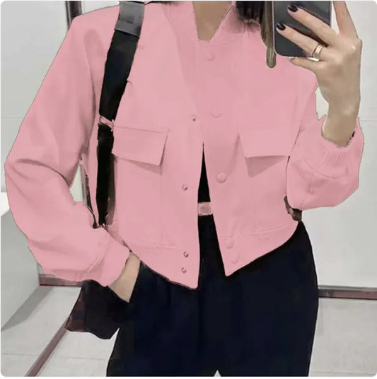 Women’s Loose Stand Collar Jacket – Short Casual Button Coat with Large Pockets