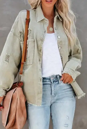 Women’s Distressed Jean Jacket – Casual Ripped Denim Coat