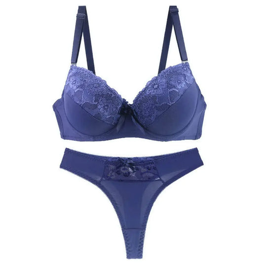 Womens Push Up Padded Bras Set Lace Lingerie Bras and Panties Sets Blue