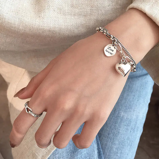 925 Sterling Silver Double Layer Heart Bracelet – Dainty Layered Chain Jewelry for Women