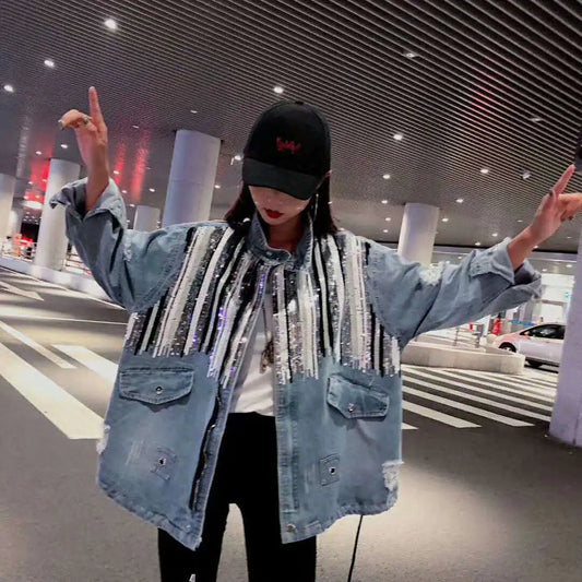 Striped Mid-Length Denim Jacket for Women – Casual Jean Coat