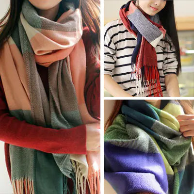 Winter Plaid Scarf for Women - Long Fringe Shawl