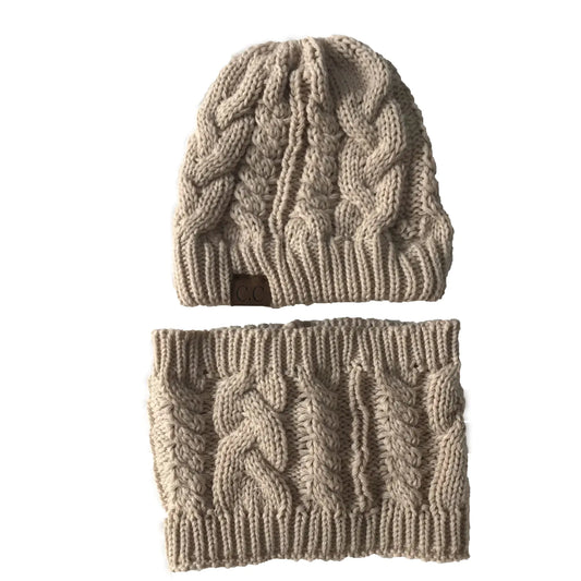 Scarf Set with Ponytail Hat and Knitted Beanie