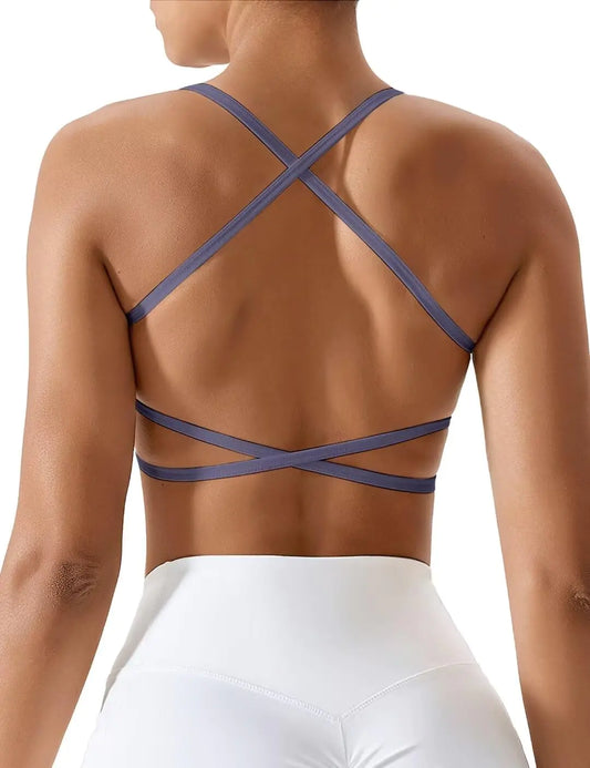 Vertvie Womens Strappy Sports Bras Backless Criss Cross Open Back Bras Padded Workout Yoga Bras Low Impact Bra(Purple Gray)