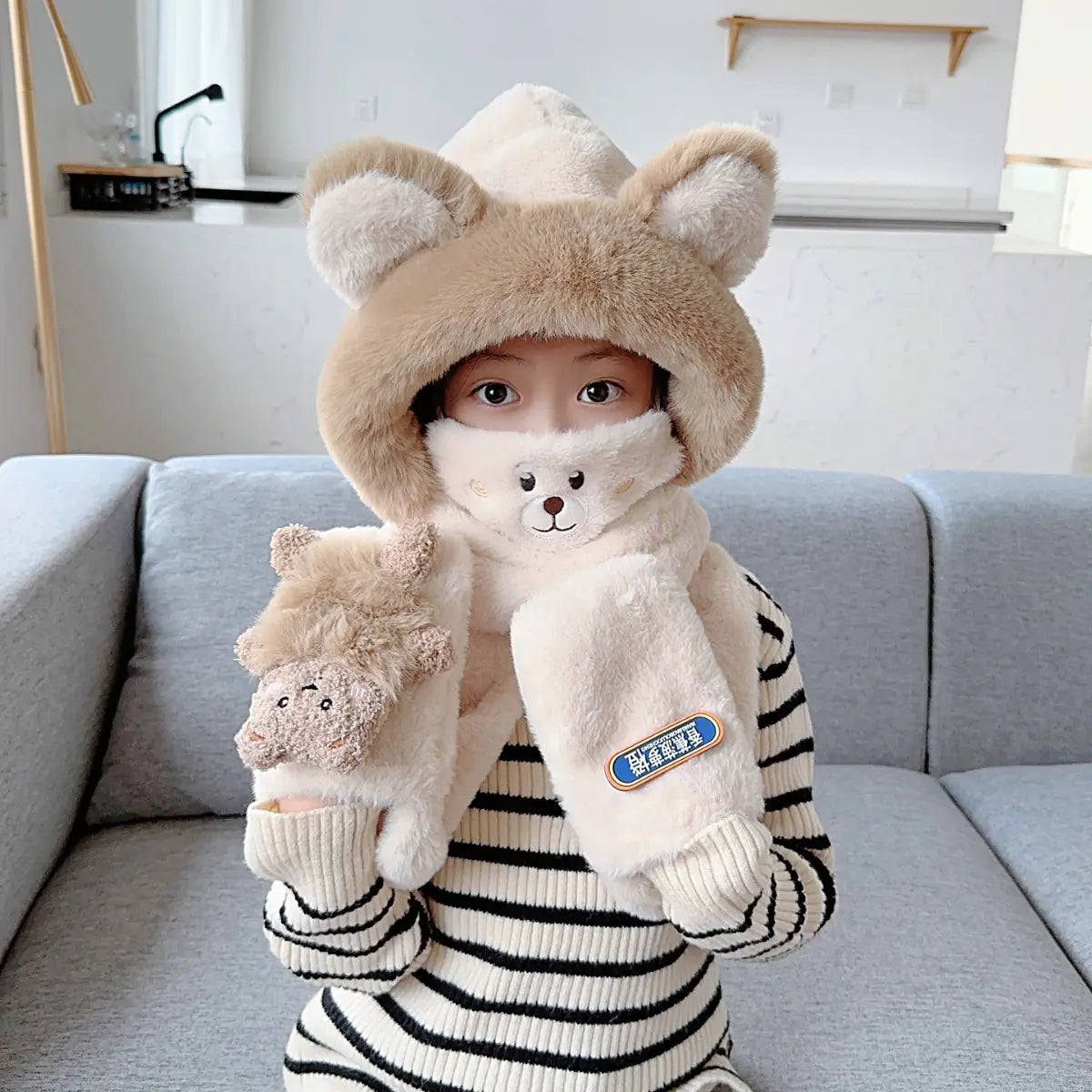 Children's One-Piece Hat with Scarf and Gloves Set