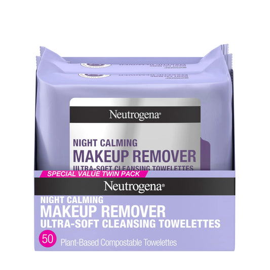Neutrogena Night Calming Makeup Remover Face Wipes Nighttime Cleansing Towelettes Remove Sweat Dirt & Makeup & Calms Skin Hypoallergenic 100% Plant Based Cloth 50 Count (2 Packs of 25)