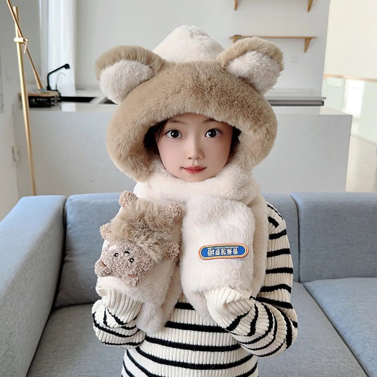 Children's One-Piece Hat with Scarf and Gloves Set