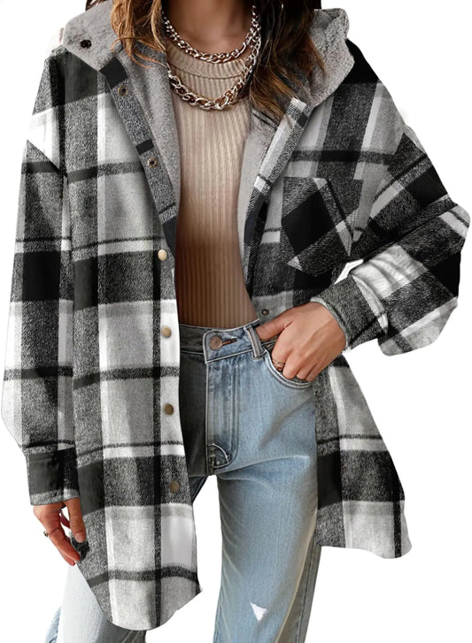 Dokotoo Winter Coats for Women Fleece Jackets Shackets for Women 2024 Flannel Shirt Sherpa Clothes Womens 2024 Fall Fleece Jacket Hooded Boyfriend Shirt Fleece Jacket for Women Color Block