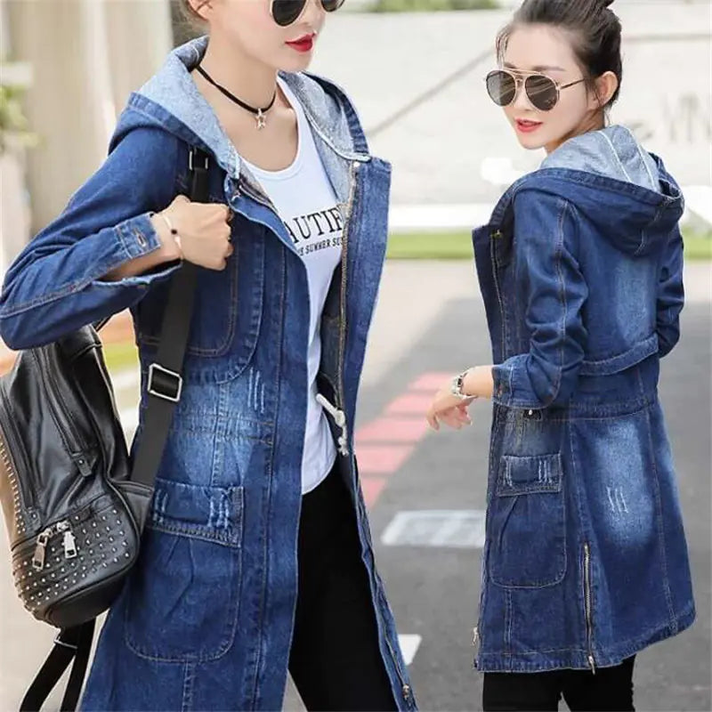 Women’s Hooded Denim Jacket – Casual Long Sleeve Jean Coat