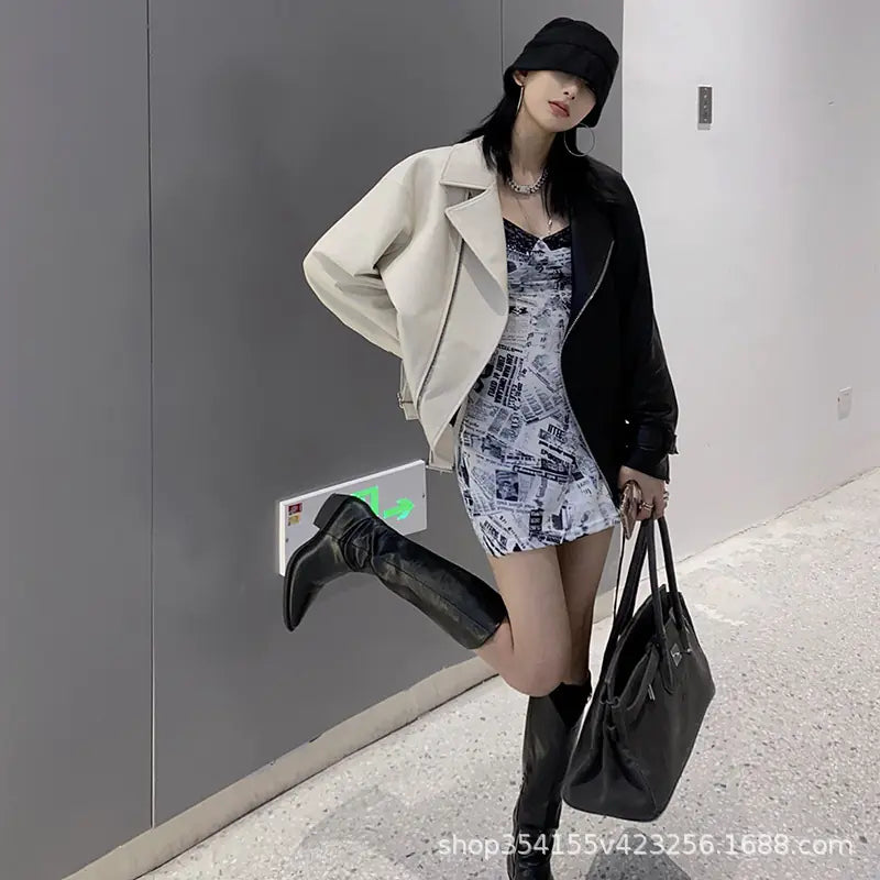 Black and White Color Block Biker Jacket for Women