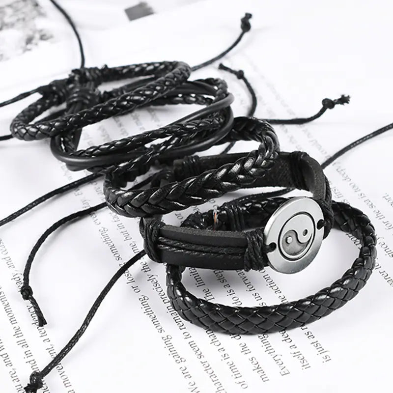 Vintage Weave Cattle Leather Bracelet Multi-layer Set