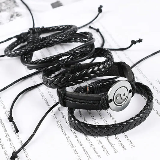 Vintage Weave Cattle Leather Bracelet Multi-layer Set