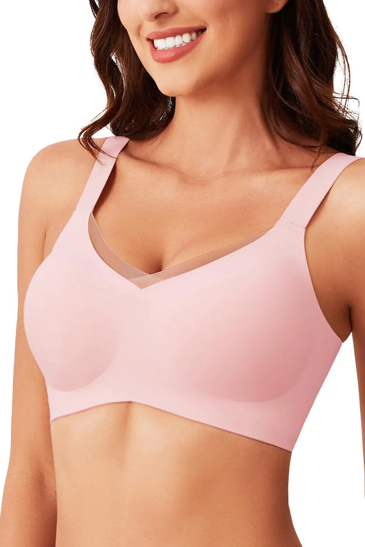 MOEOZLLO V Lace Bras for Women No Underwire Seamless Bralettes for Women Wireless Bra Soft Support Everyday T Shirt Bras -PinkXXL