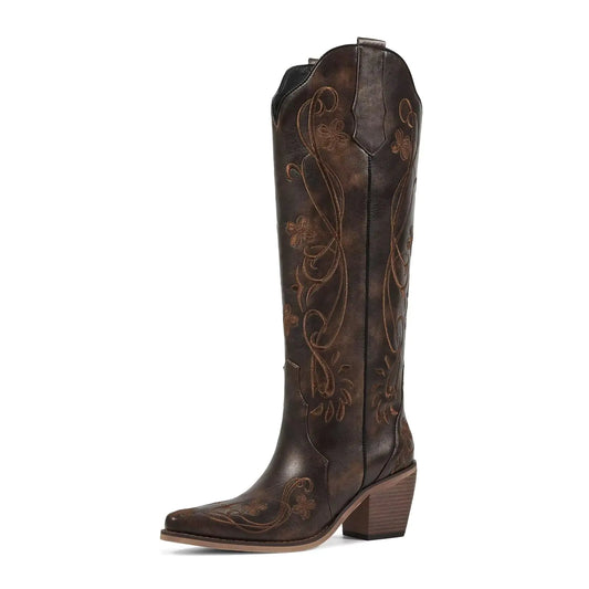 wetkiss Knee High Cowgirl Boots Cowboy Boots for Women Dark Brown Western Boots Cowboy Cowgirl Boots Womens Knee High Brown Boots Thigh High Country Boots Western Light Brown Tall Boots