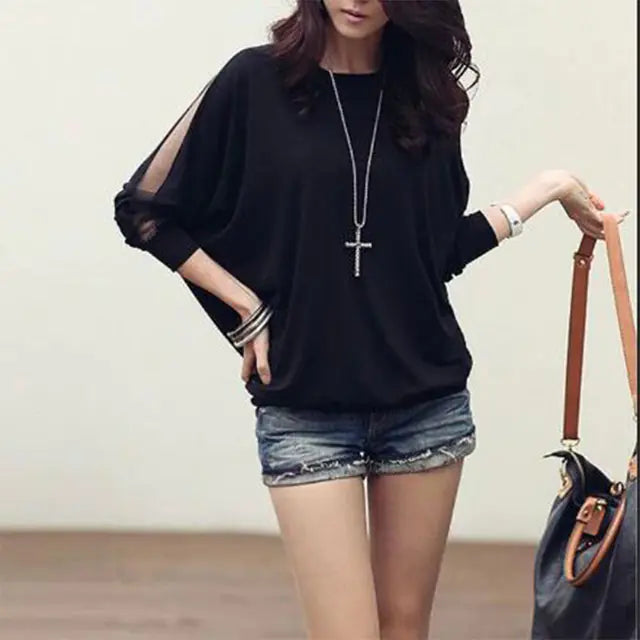 Casual Batwing Long Sleeve Lace T-shirt for Women