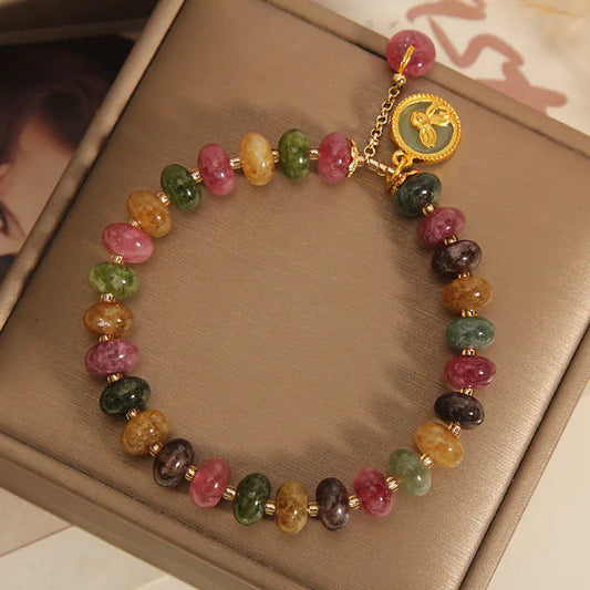 Natural Tourmaline Jade Bracelet with Rabbit Pendant – Multicolor Healing Crystal Jewelry