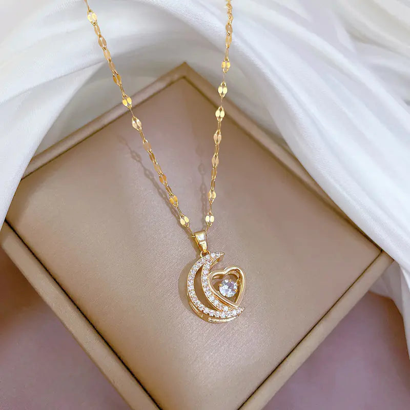 Titanium Steel Heart Moon Necklace for Women