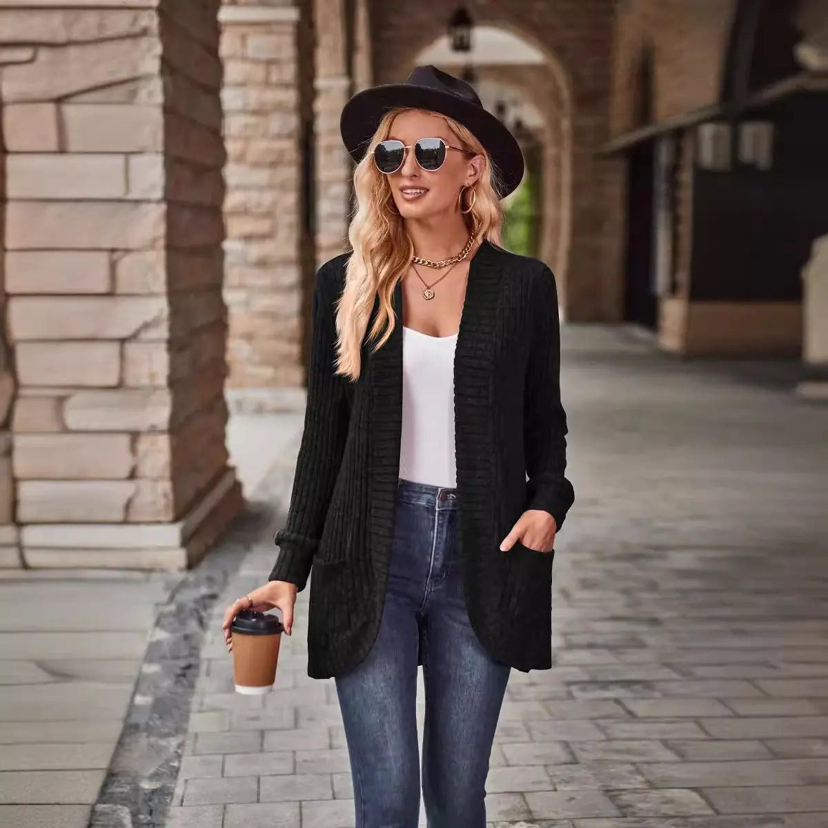 2023 Autumn New Solid Color Striped Long Sleeve Cardigan