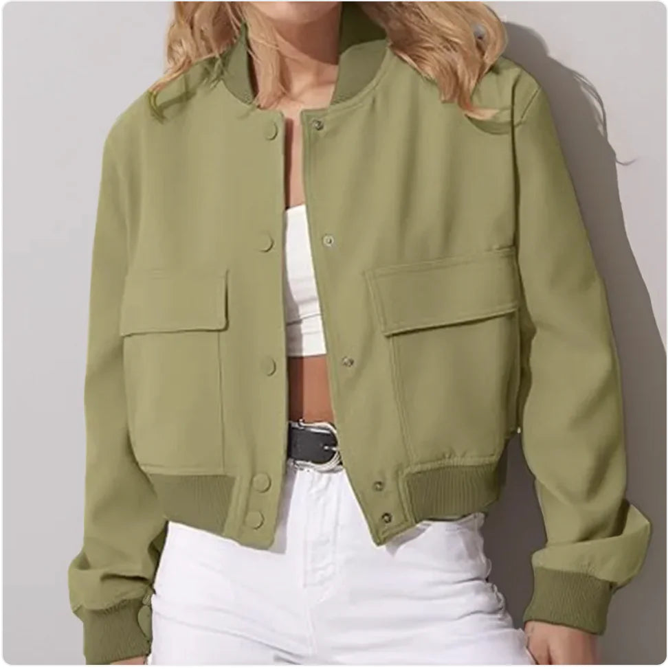 Women’s Loose Stand Collar Jacket – Short Casual Button Coat with Large Pockets