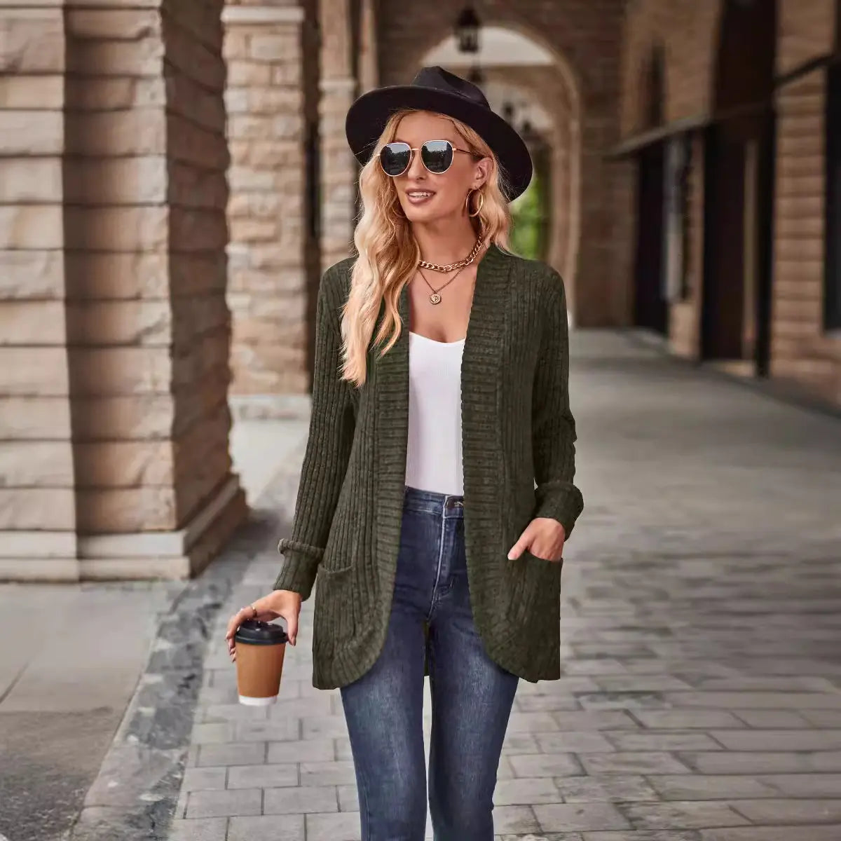 2023 Autumn New Solid Color Striped Long Sleeve Cardigan