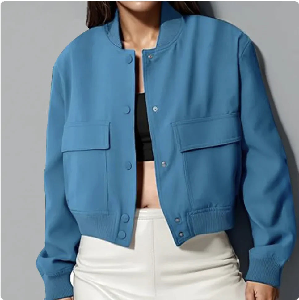 Women’s Loose Stand Collar Jacket – Short Casual Button Coat with Large Pockets