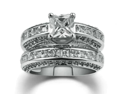 Stylish Square Zirconia Women's Ring Set in Platinum