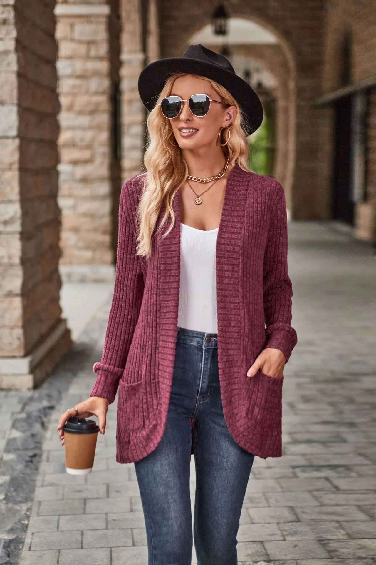 2023 Autumn New Solid Color Striped Long Sleeve Cardigan