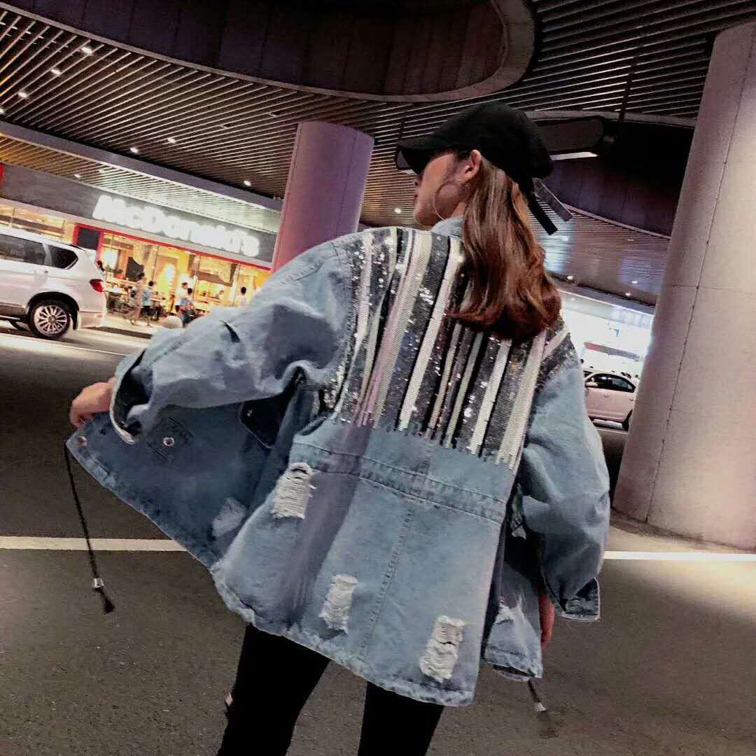 Striped Mid-Length Denim Jacket for Women – Casual Jean Coat