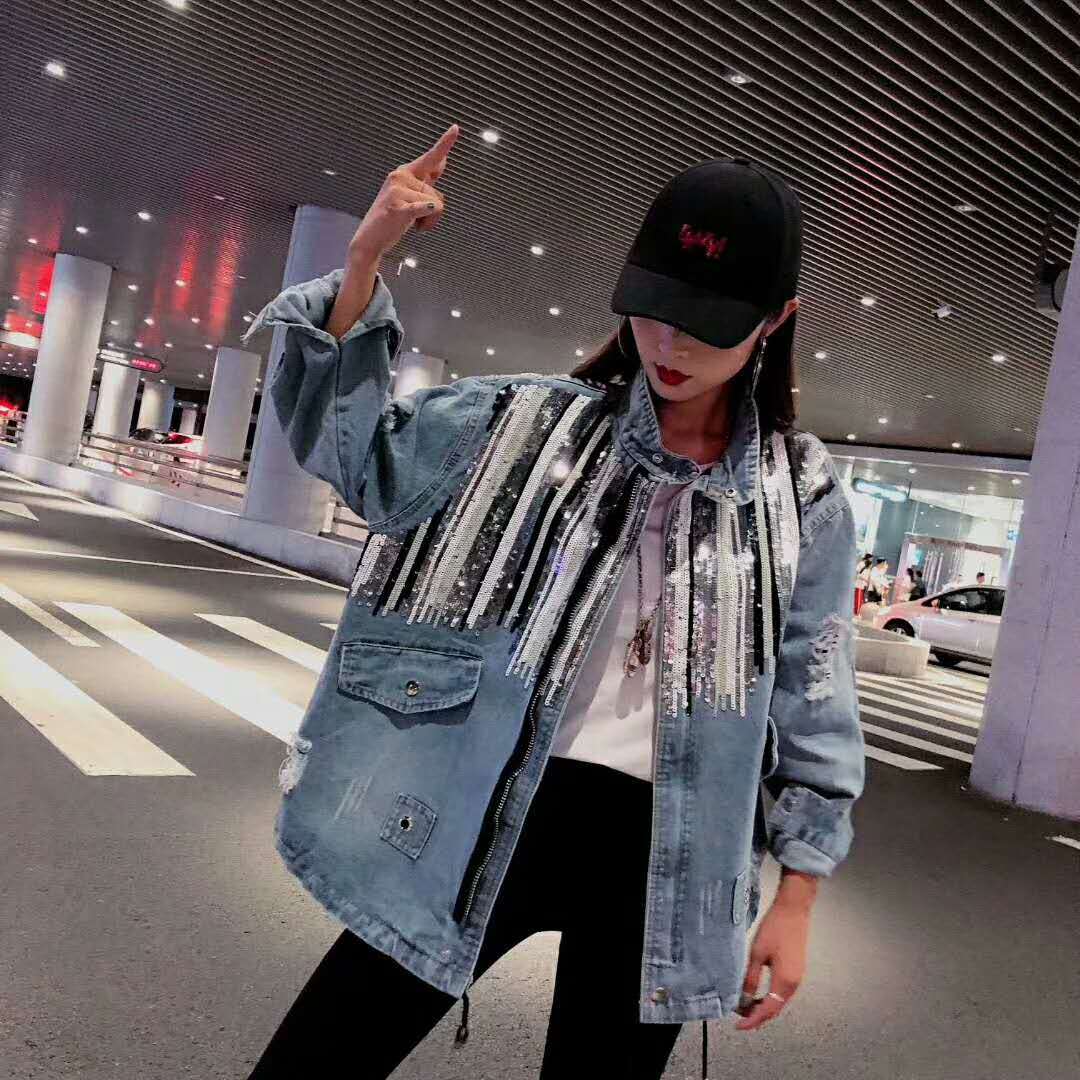 Striped Mid-Length Denim Jacket for Women – Casual Jean Coat