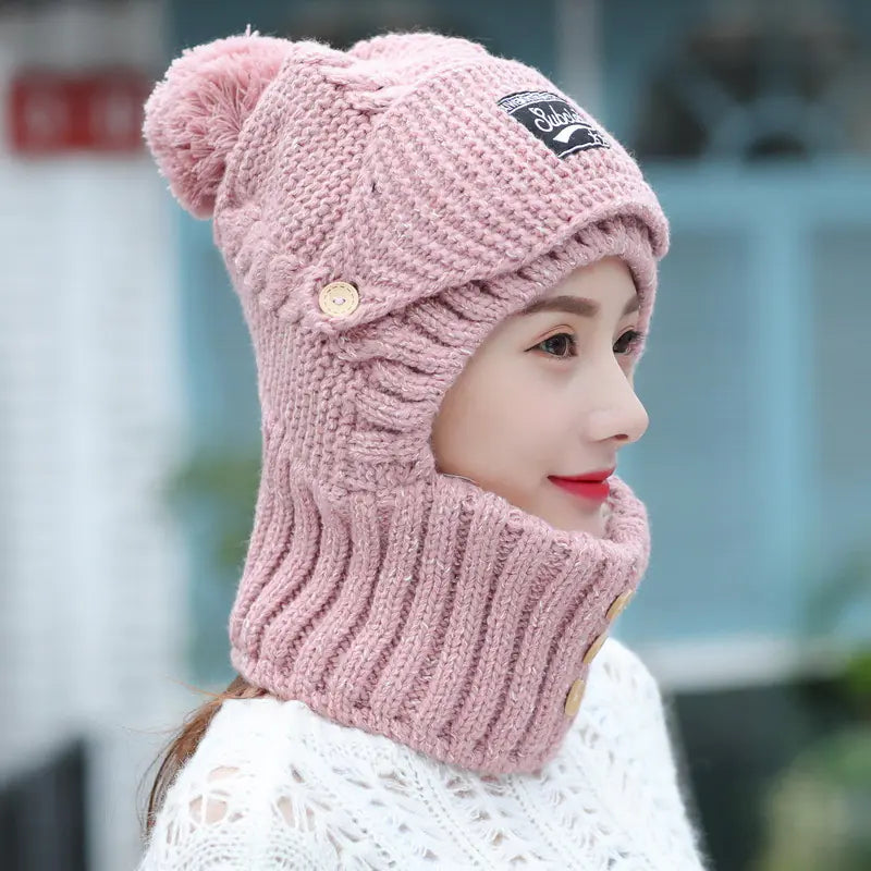 Winter Knit Ear Protection Hat with Mask and Neck Warmer