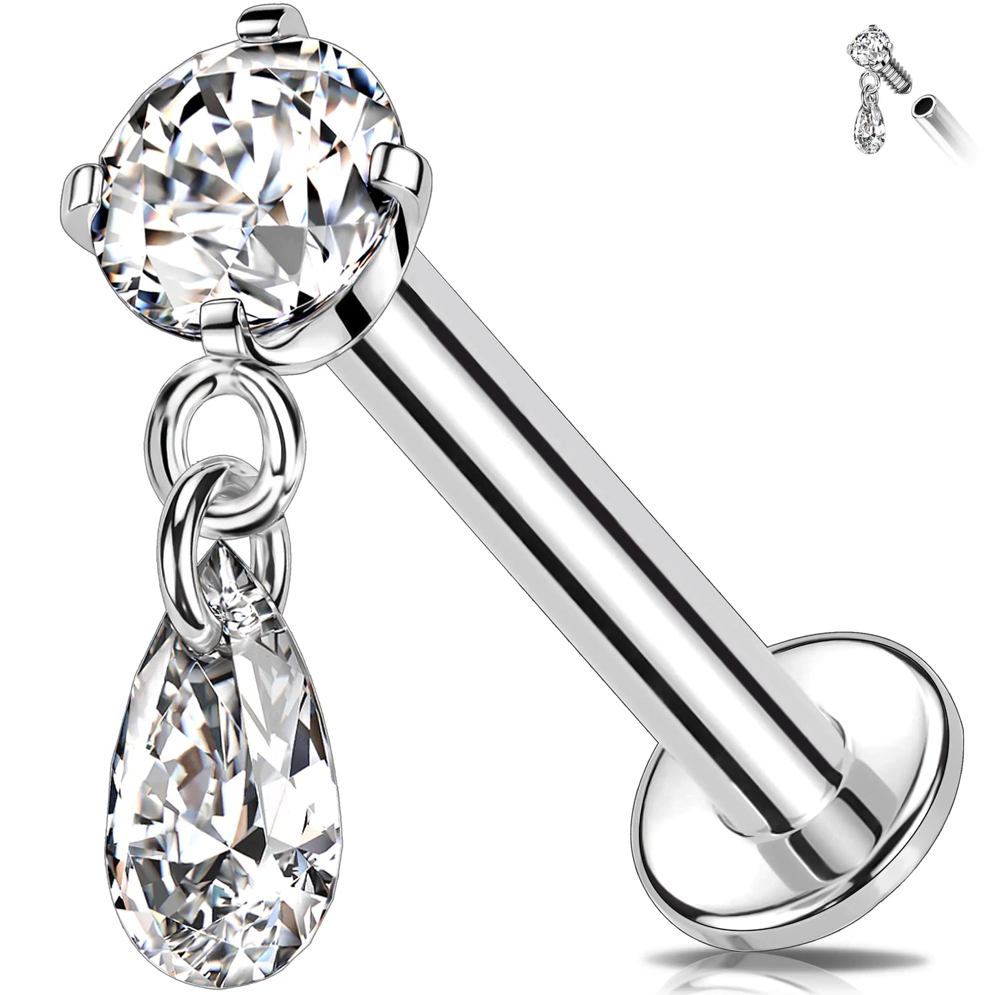 Melighting Titanium G23 Cartilage Earring Internally Threaded 16G Dangle Teardrop Helix Stud 8mm Star Helix Earring Clear CZ Heart Flat Back Earring Moon Labret Stud Tragus Piercing Jewelry