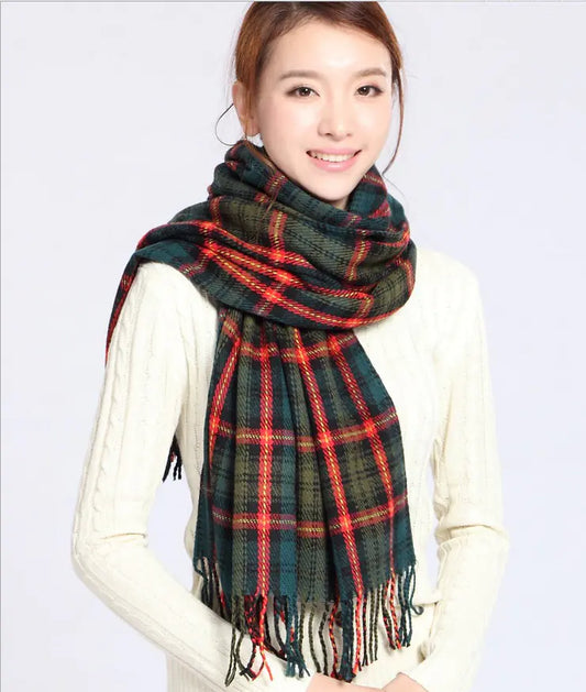 Winter Plaid Scarf for Women - Long Fringe Shawl