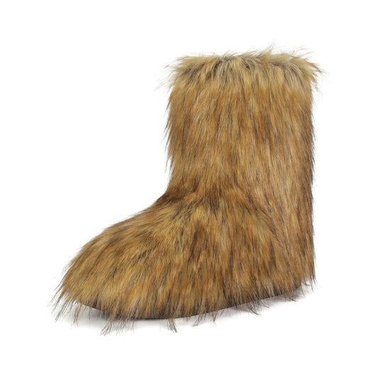 MAIJED Womens Faux Fur Boots Furry Fluffy Round Toe Snow Boots Warm Lined Fuzzy Flat Comfy Winter Mid Calf Boots