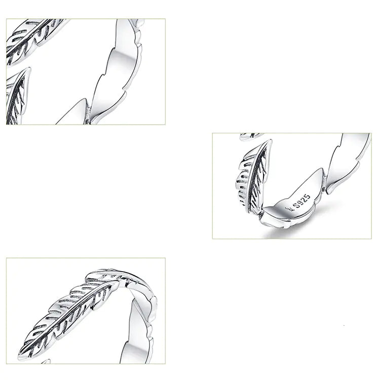 White Feather Open Ring, S925 Sterling Silver Ring
