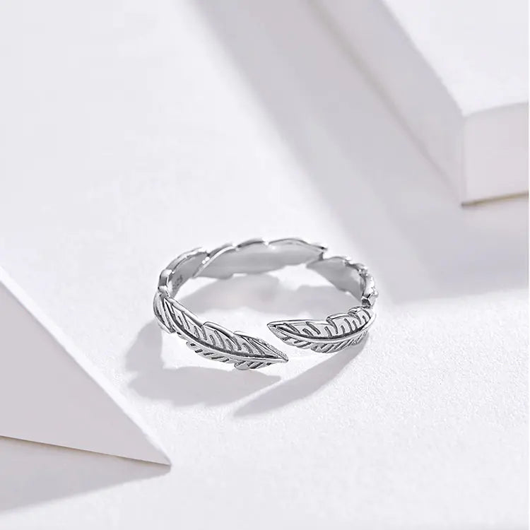 White Feather Open Ring, S925 Sterling Silver Ring