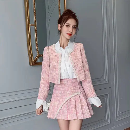 Tweed Jacket and Pleated Shirt Set for Women
