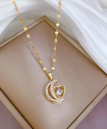 Titanium Steel Heart Moon Necklace for Women