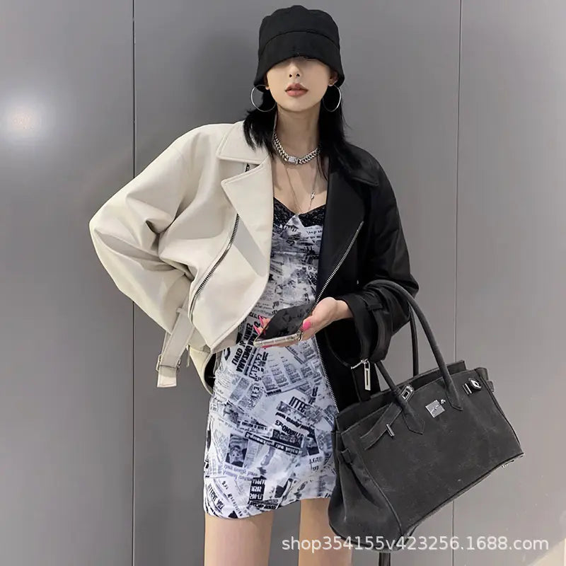 Black and White Color Block Biker Jacket for Women