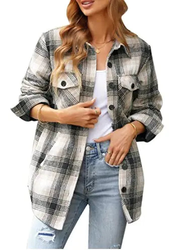Oversized Check Button Shirt Jacket for Women