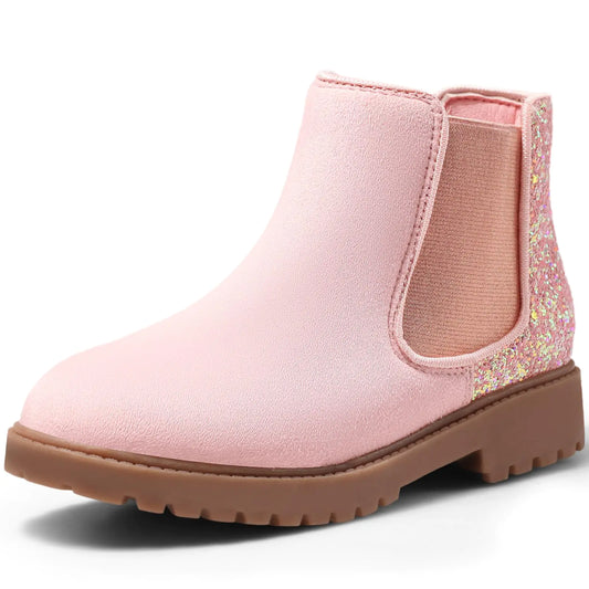 KELISI Girls Glitter Winter Ankle Boots Combat Shoes Chelsea Fashion Booties for Girl with Shiny Snow Boot Pink US13