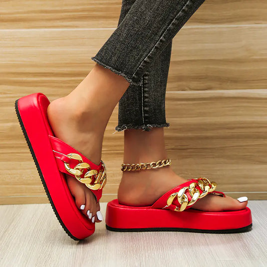 Korean Style Women's Platform Flip-Flops with Chain