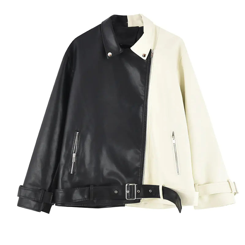 Black and White Color Block Biker Jacket for Women