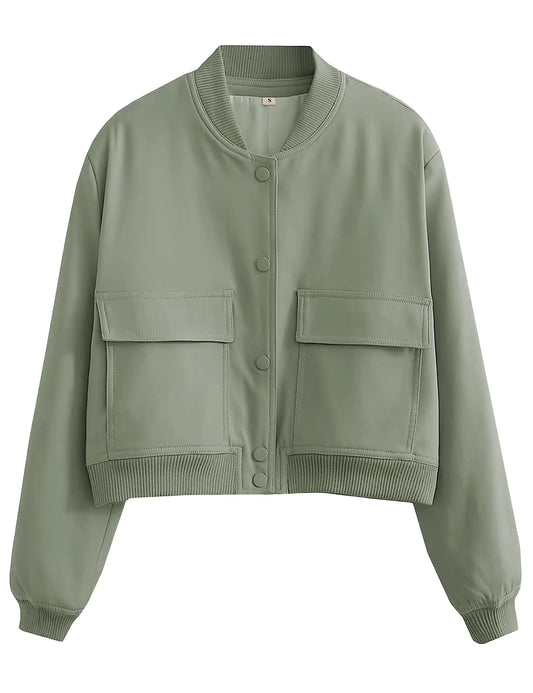 Women’s Casual Varsity Cropped Jacket – Bomber Coat with Two Pockets