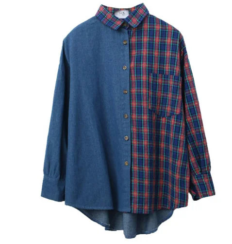 2018 Spring Korean Style Color Block Plaid Shirt for Women