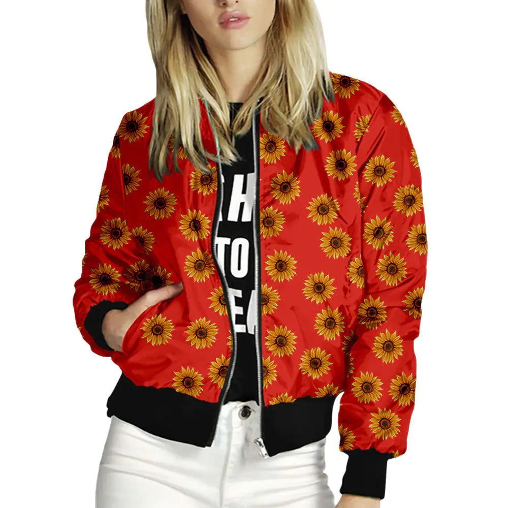 Floral Women’s Bomber Jacket – Lightweight Long Sleeve Spring Summer Coat