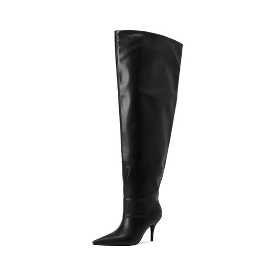CAGLGLZ Womens Wide Calf Thigh Knee High Heel Boots Stiletto Cone Heel Boots Pointed Toe Pull On Black Boot Heels for Women(9black)