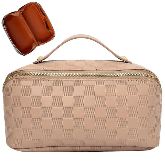Cessfle Travel Makeup Bag Checkered Makeup Bag Large Capacity Cosmetic Bag Parallel Makeup Bag Large Makeup Bags for Women with Handle and Divider