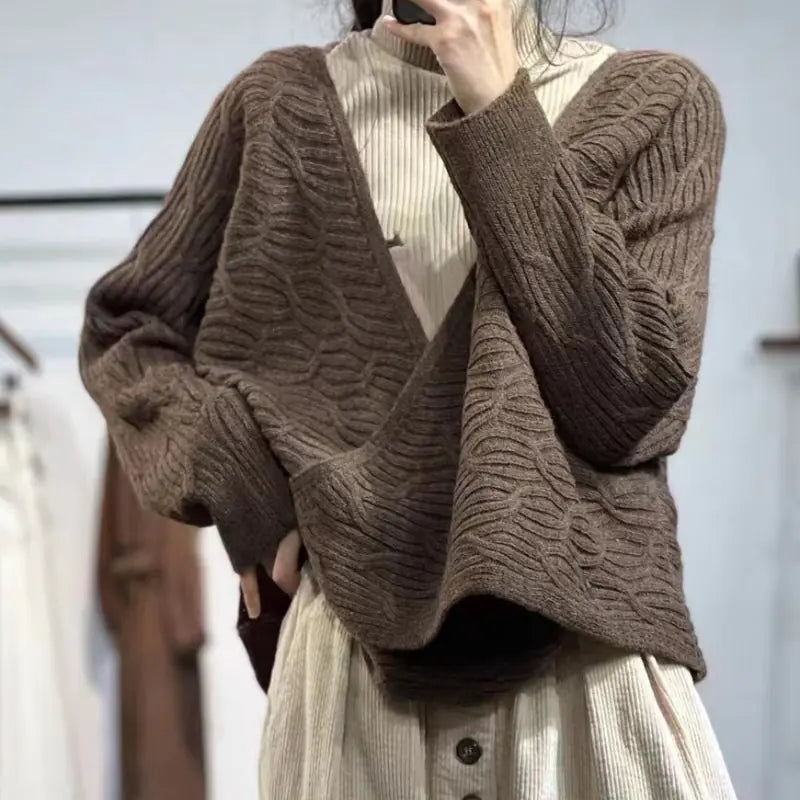 Autumn V-neck Casual Retro Sweater Jacket for Women