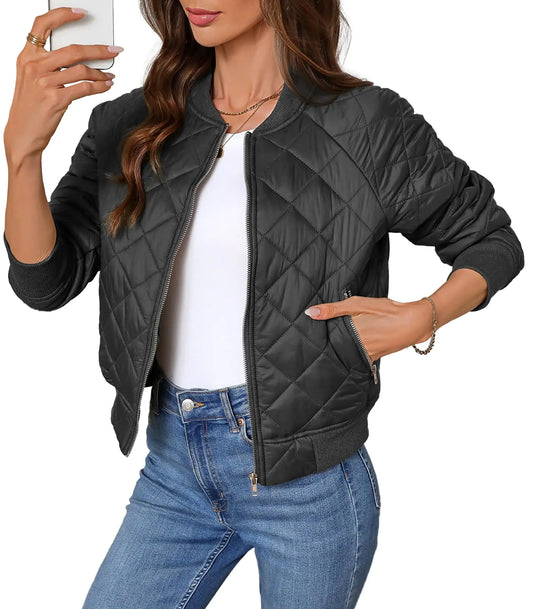 Women’s Quilted Zip Up Jacket – Lightweight Y2K Bomber with Pockets