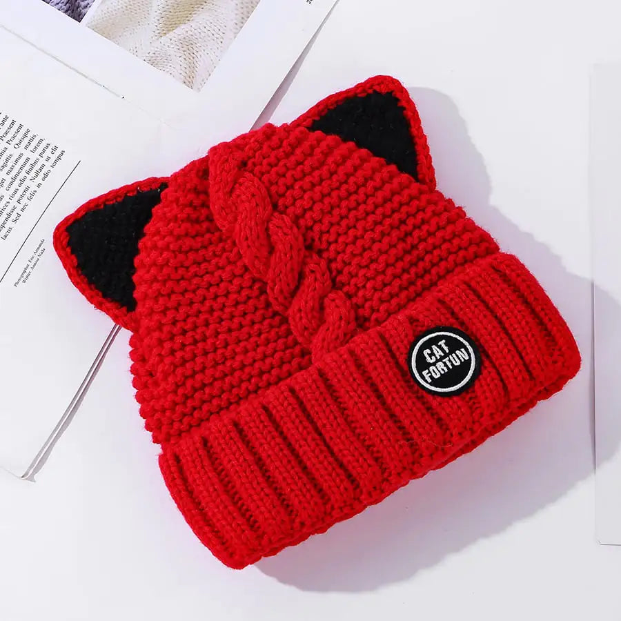 Cute Fleece Lined Woolen Cat Ears Cap for Women